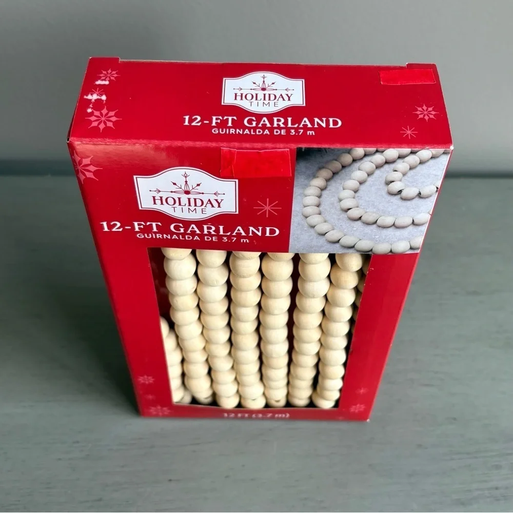 Holiday Time Natural Wood Bead Garland 12 Foot 3.7 M NEW